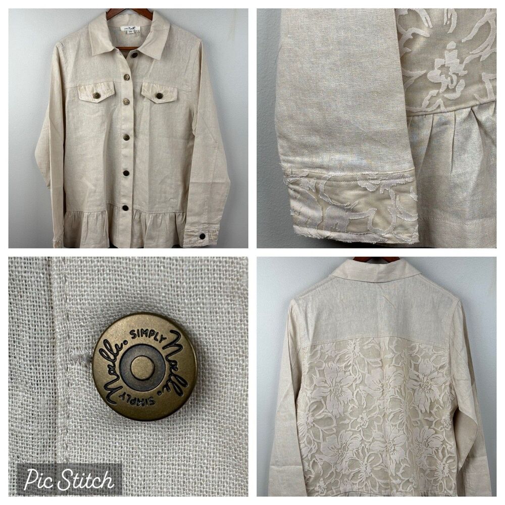 Simply Noelle Jacket Women S/M 8-10 Beige Linen Lace Ruffle Hem Rivet Button - Picture 1 of 13